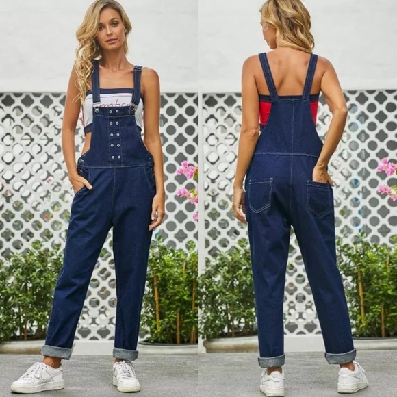 Dark blue cotton denim overall jumpsuit size Small - Picture 1 of 7